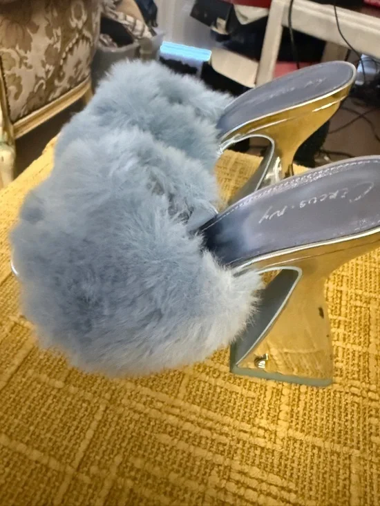 Circus by Sam Edelman Metallic Silver Platform Mules with Light Blue Faux Fur - Picture 2 of 6